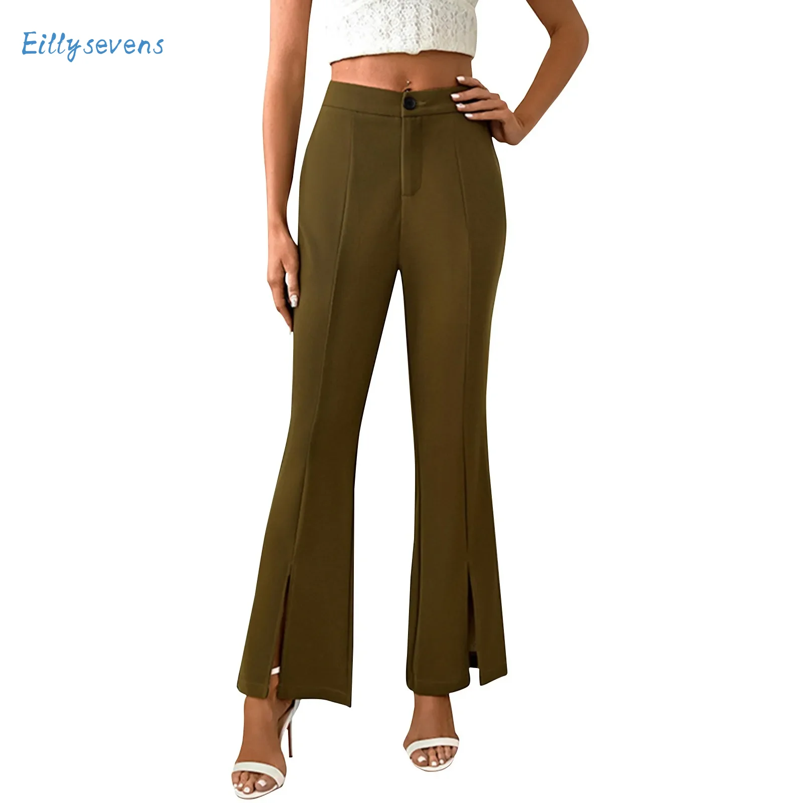 

Women'S Micro Flared Pants Summer Casual Comfortable High Waisted Button Elastic Straight Slim Fit Flared Pants Solid Slit Pants