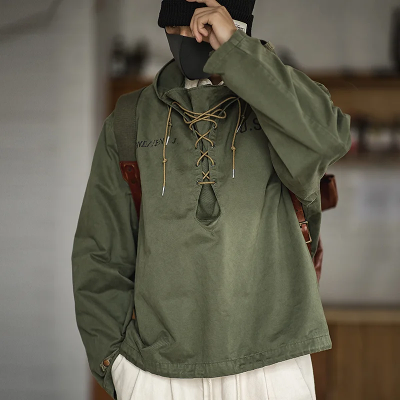 

male Hooded Pullover Long Sleeve Deck Parker Jacket Drawstring Neckline Workwear Jacket Green Cuffs Ribbon Closure Jacket