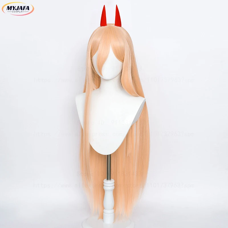 Hochwertige Anime Makima Power Cosplay Perücke Lange Orange Rosa Hitzebeständige Kunsthaar Party Rollenspiel Perücken + WigCap + Hörner – Detail 2