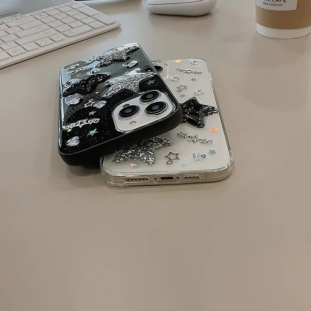 Starry Glitter Phone Case: Transparent Black with 3D Stars and Rhinestones