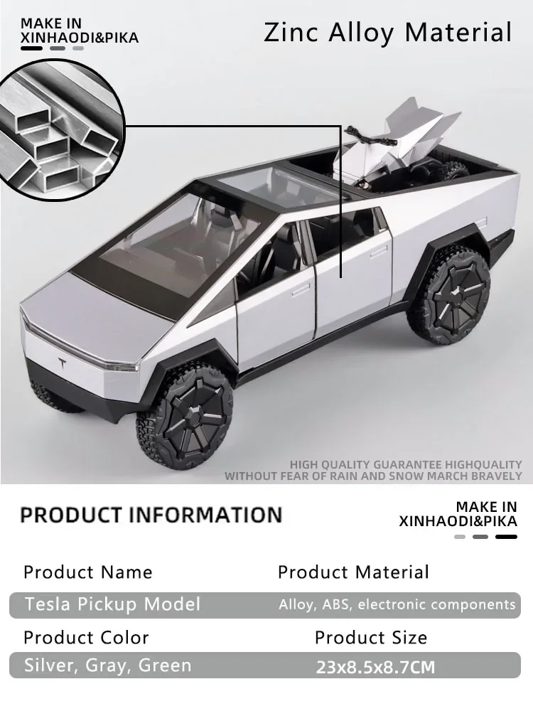 1:24 Tesla Cyberpunk Pickup Truck Model Alloy Simulation Sound And Light Pull Back Off-Road Vehicle Boys Collection Decoration 3