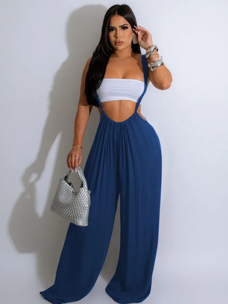 

Fashion Lounge 2 Piece Overalls Outfits Autumn Clothes For Women Backless Crop Tube Top + Ruched Floor Length Rompers Loose Sets