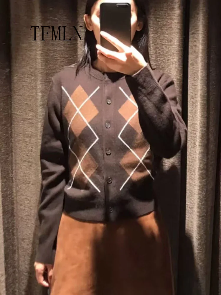 Causal Women's O-neck Cardigan Argyle Design Single Breasted Sweater Preppy Style Long Sleeve Cardigan Autumn Winter Clothes