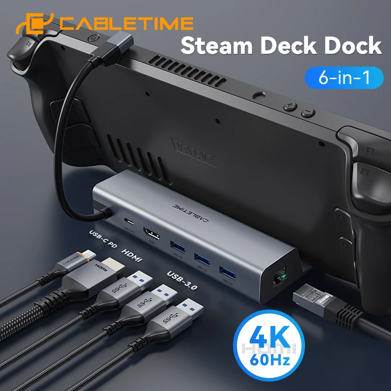 Cabletime-steam Deck Console Stand Hub Usb c para Hdmi 4k 60hz pd 100w de Carregamento Usb 3.0 Lan 100mbps H50