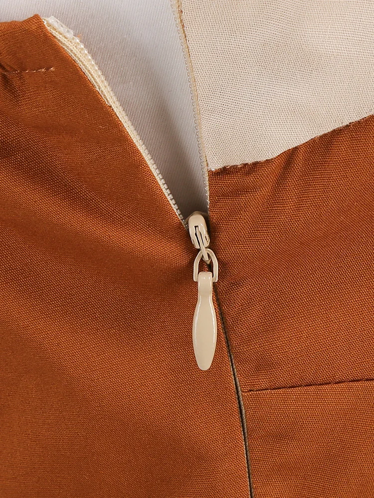 Tonval Brown and Beige Patchwork Vintage Cotton Dresses for Women Sweetheart Neck High Waist Backless Party Dresses 4