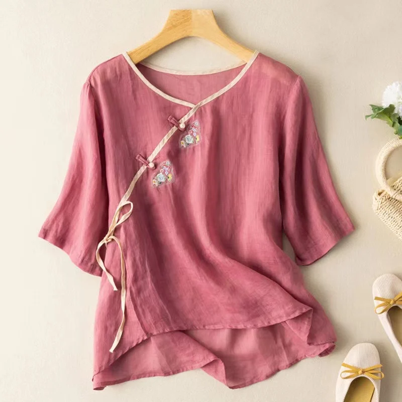New Spring Summer Traditional Chinese Clothing Women Clothes Short Sleeve Top Loose Hanfu Tang Suit Round Neck Literary T-shirt
