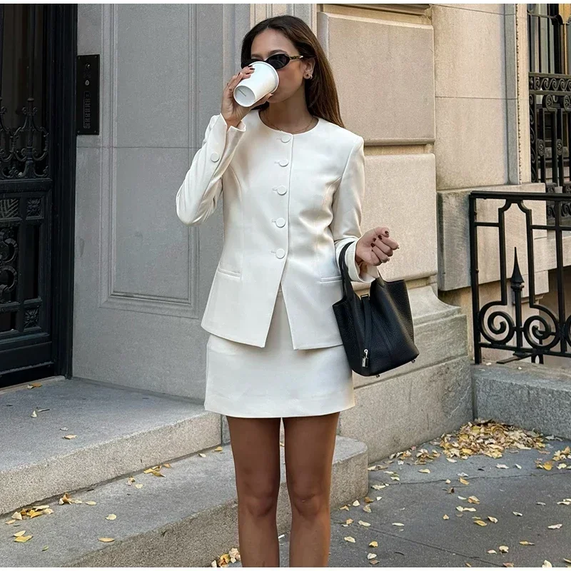 Elegant Blazer Skirt Suit Women Slim Long Sleeve O-neck Button Jacket Mini A-line Skirt 2025 Spring Lady New in Matching Outfits