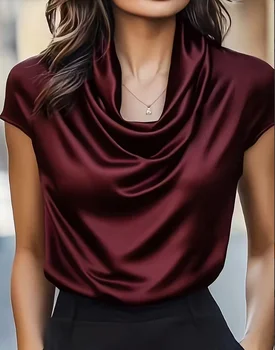 Women's Satin Cowl Neck Short Sleeve Blouse - Smooth Silk-Like Fabric Elegant Draped Neckline Top for Office & Evening Wear 1