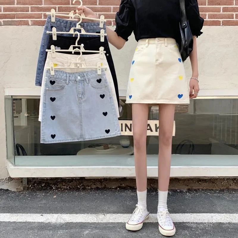 

MEXZT Y2K Denim Mini Skirt Women Korean Streetwear High Waist Love Embroidery A Line Skirt Student Fashion Casual Slim Skirts