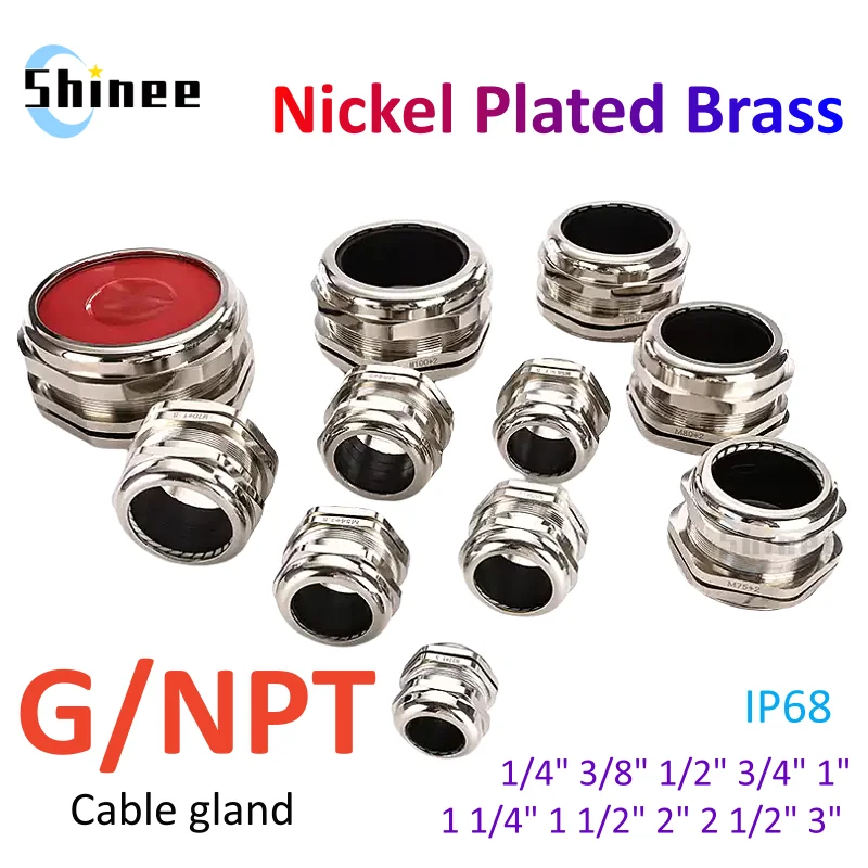 Waterproof Cable Gland IP68 Nickel Plated Brass 1/4" 3/8"1/2" 3/4" 1" 2" 3" BSPP/NPT Male Thraed For 3-6.5mm 4-8mm Cable Joint