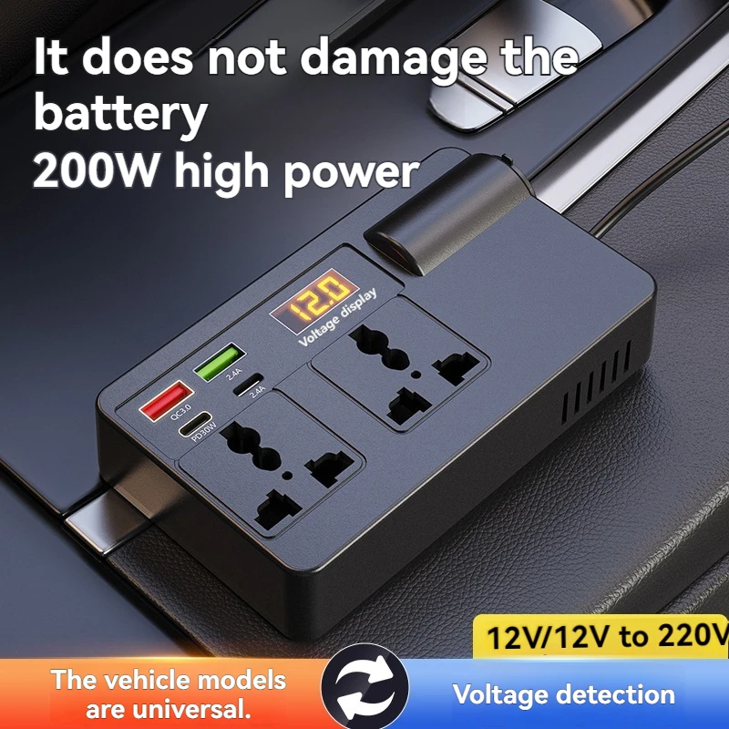 Car Inverter Power Adapter 200W DC 12V/24V to AC 220V Converter QC 3.0 USB/PD/Type-C Chargers Voltage Detection ON/OFF Switch