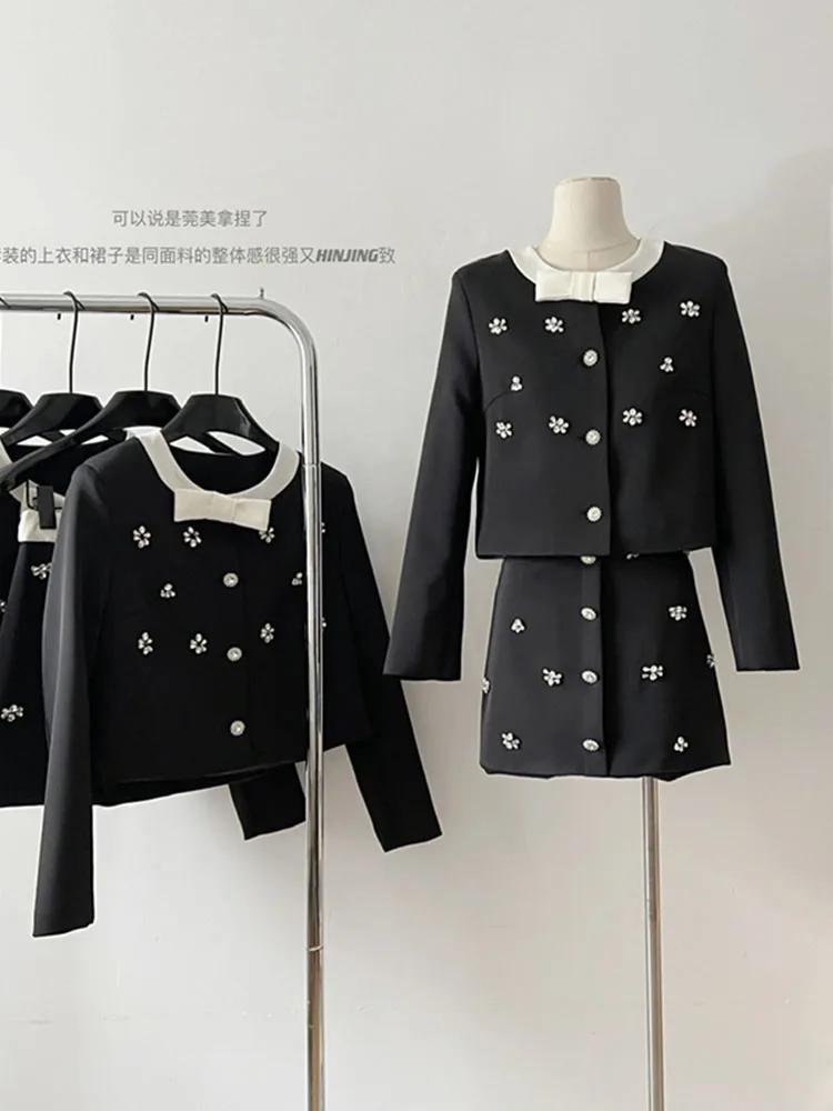 

Formal Occasion Outfits 2 Piece Skirt Set Black Outerwear Bow Floral Print + High Quality A-Line Skirt 2000s Aesthetic Gothic