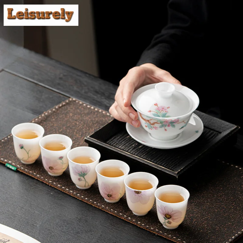 35ml Sheep Fat Jade Porcelain Tea Cup Happiness Flower Master Cup White Jade Mud Smell Fragrant Mug Personal Kung Fu Tea Set