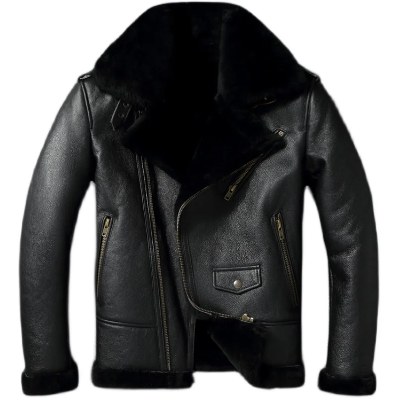 

Thick Warm Genuine Sheepskin Real Fur Shearling Jackets for Men Leather Jacket Mens Biker Clothing Men's Coat Winter