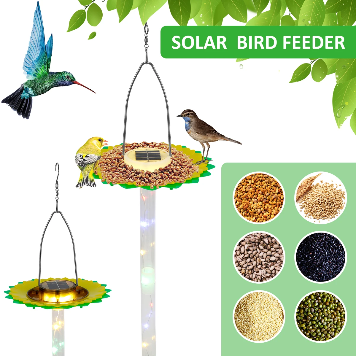

Solar Bird Feeder Outdoor Hanging Wild Bird Feeder IP65 Waterproof Bird Bath Feeder with LED Colorful Lights Decorative Garden