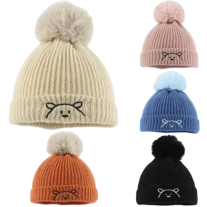 

Winter Baby Hat Girls Boys Soft Pompom Infant Warm Knitted Beanie Cap Solid Color Cartoon Bear Embroidery Cute Hat Infant Bonnet
