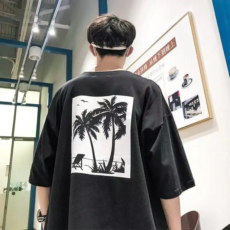 

Hong Kong style round neck hip-hop short-sleeved men T-shirt summer trend personalized coconut tree print Korean style loose top