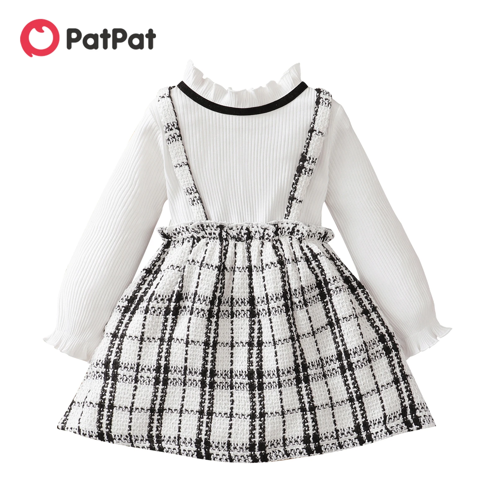 PatPat Toddler Girl Dresses Ruffle Collar Faux-two Strap Plaid Tweed Long-sleeve Dress for Girl Children Clothes girls dress kids clothes