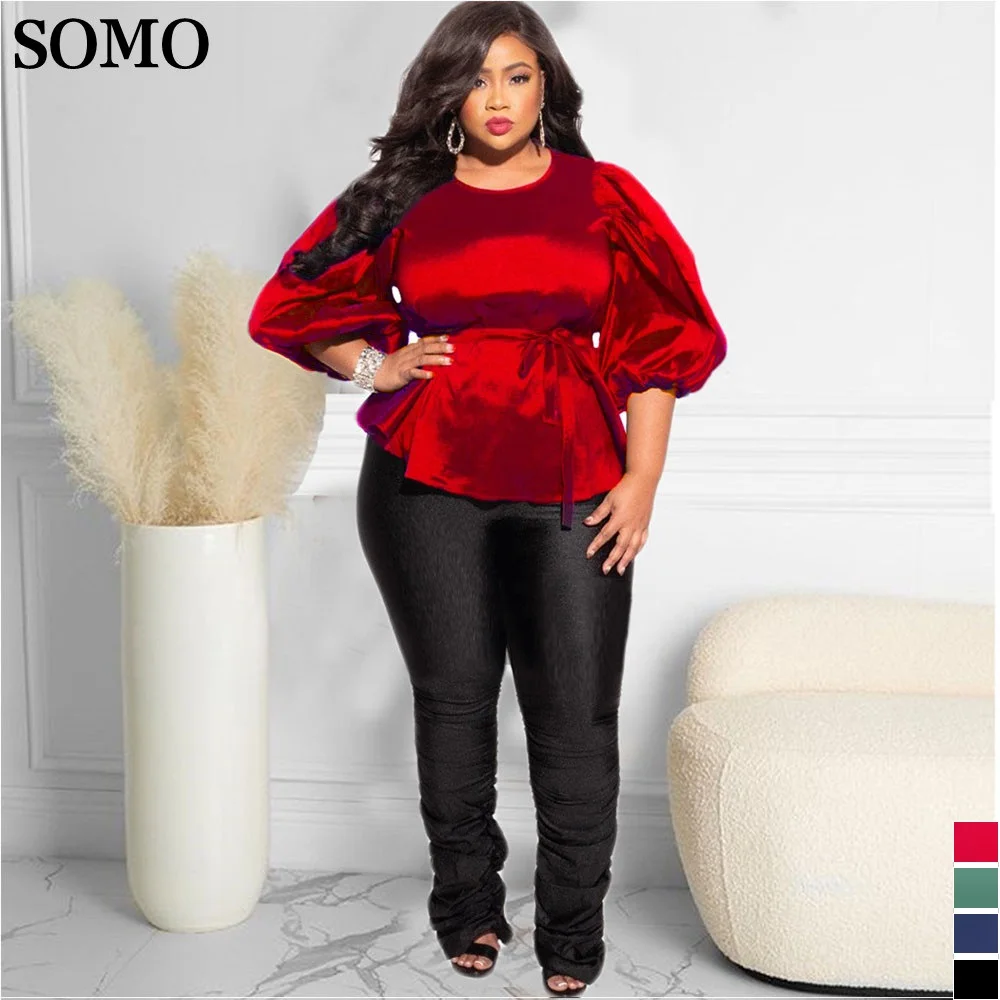 

SOMO Casual Solid Color Plus Size Tops Fashion Lace Up Ladies Tee Chic Lantern Long Sleeve T Shirt Women Wholesale Dropshipping