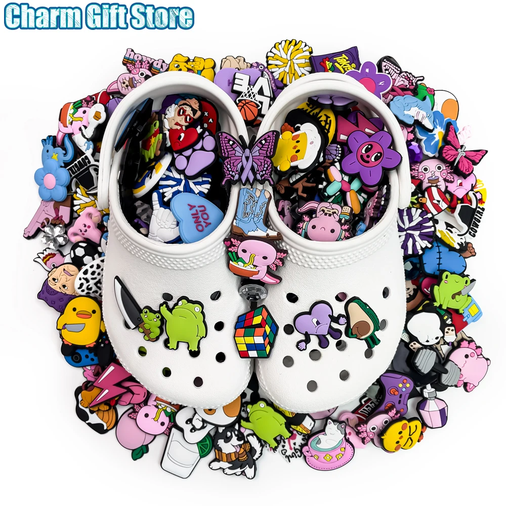 20/50/100pcs random kawaii shoe charms with cartoon frogs, hearts, flowers, food, memes, animals and game icons for Crocs and clogs