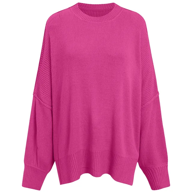 Fashion Solid Crew Collar Knitted Crew Neck Batwing Long Sleeve Knit Side Slit Pullover Women'S Clothing свитер женский оверсайз 5