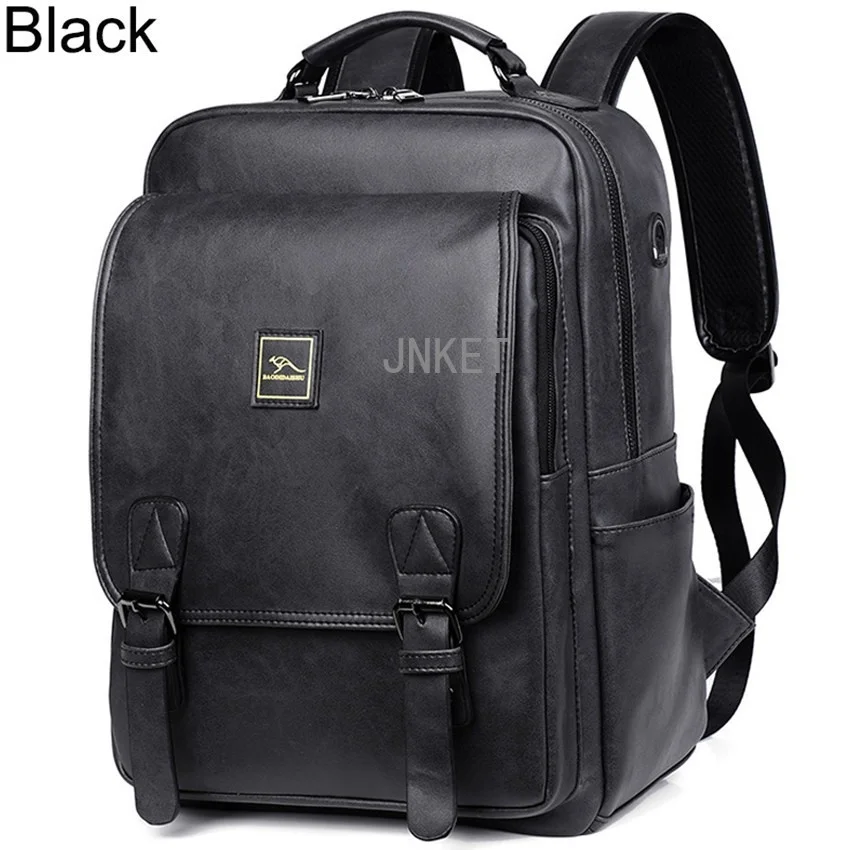 Fashion Men PU Leather Backpacks USB Charging Pack Casual Laptop Bag Large Capacity Travel Backpacks