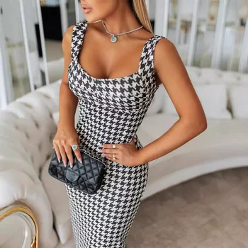 Abito aderente slim fit con collo basso e stampa pied de poule Abito lungo slim alla moda a vita alta senza maniche da donna 1