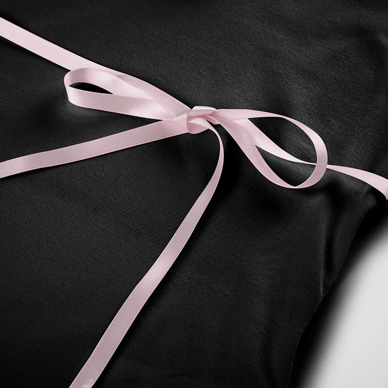 Japanese Kawaii Contrast Lace Tie Bow Square Collar Slim Short Sleeve Black T Shirt Women Pink Sweet Balletcore Cute Tees
