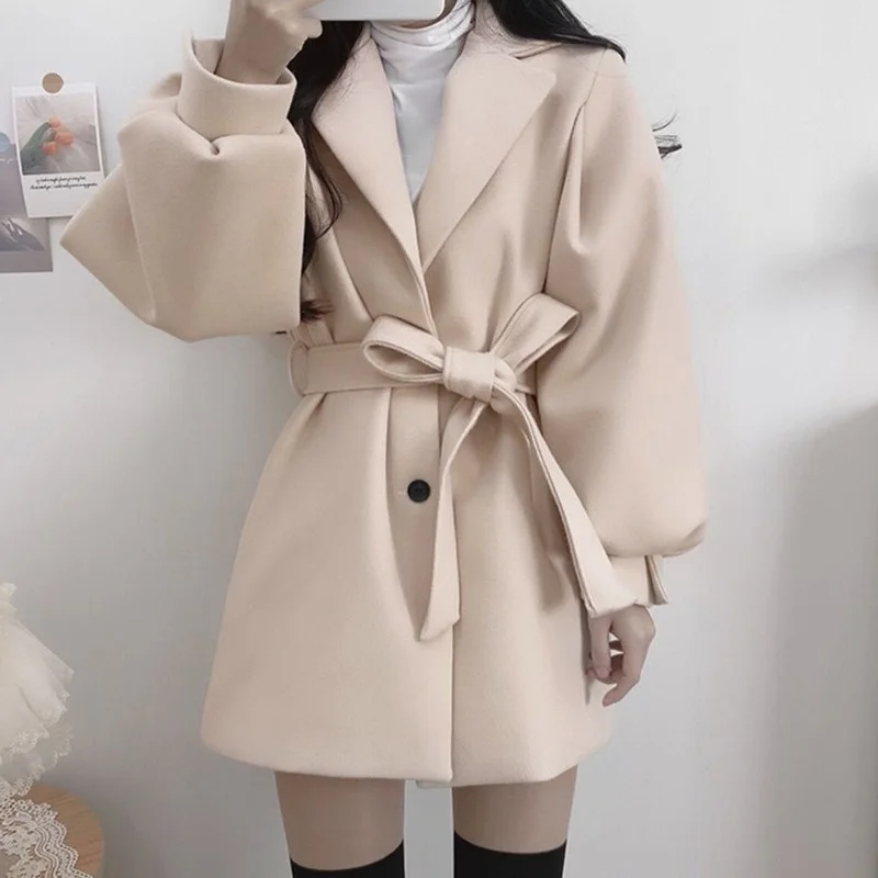 Autumn and Winter Fashion Wool Blended Black Long-sleeved Lapel Coat Women's Belt Slim Korean Coat All-match Women's Clothing