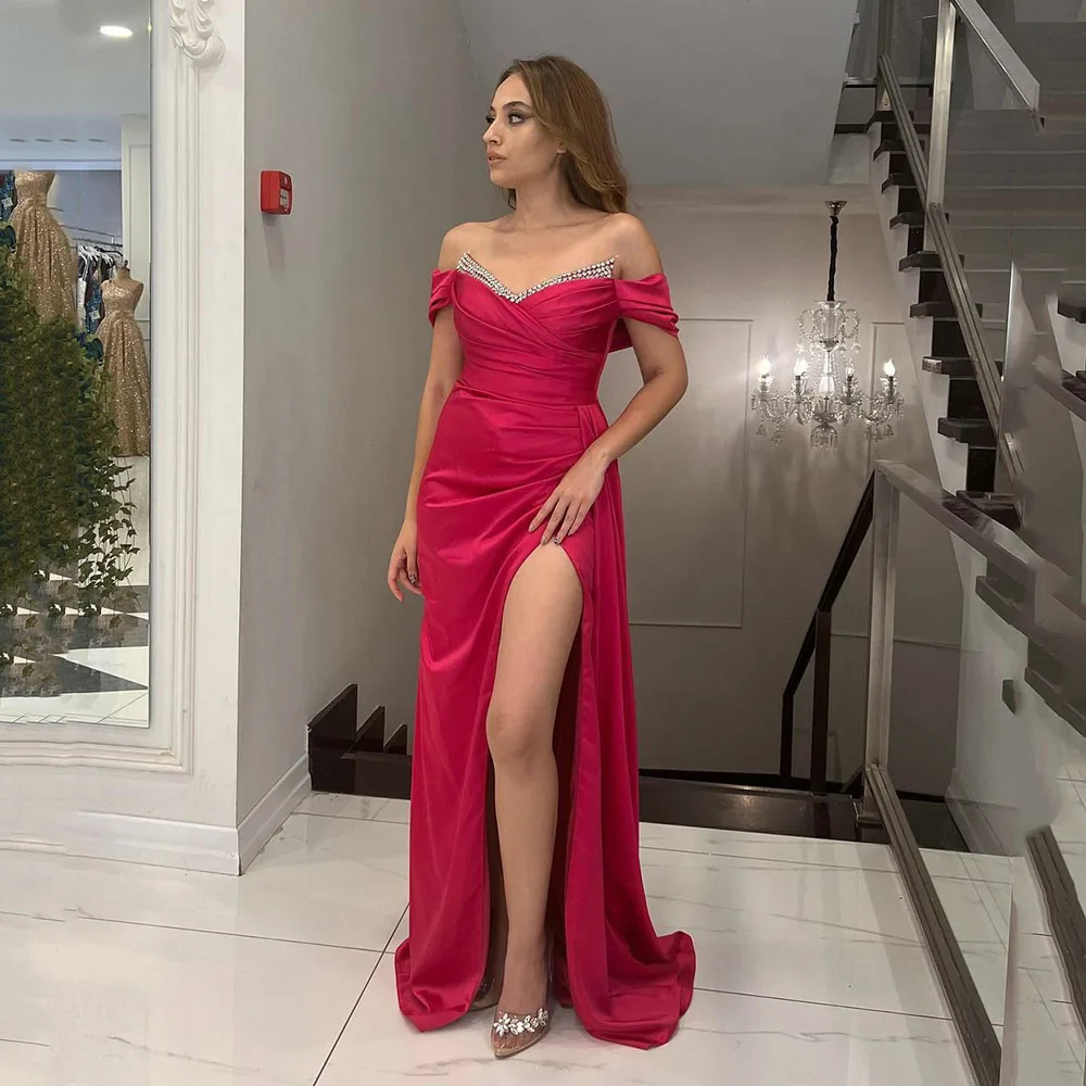 

Msikoods Red Arabic Mermaid Evening Dresses Sexy Side Split Prom Gowns Off The Shoulder Long Women Special Occasion Party Dress