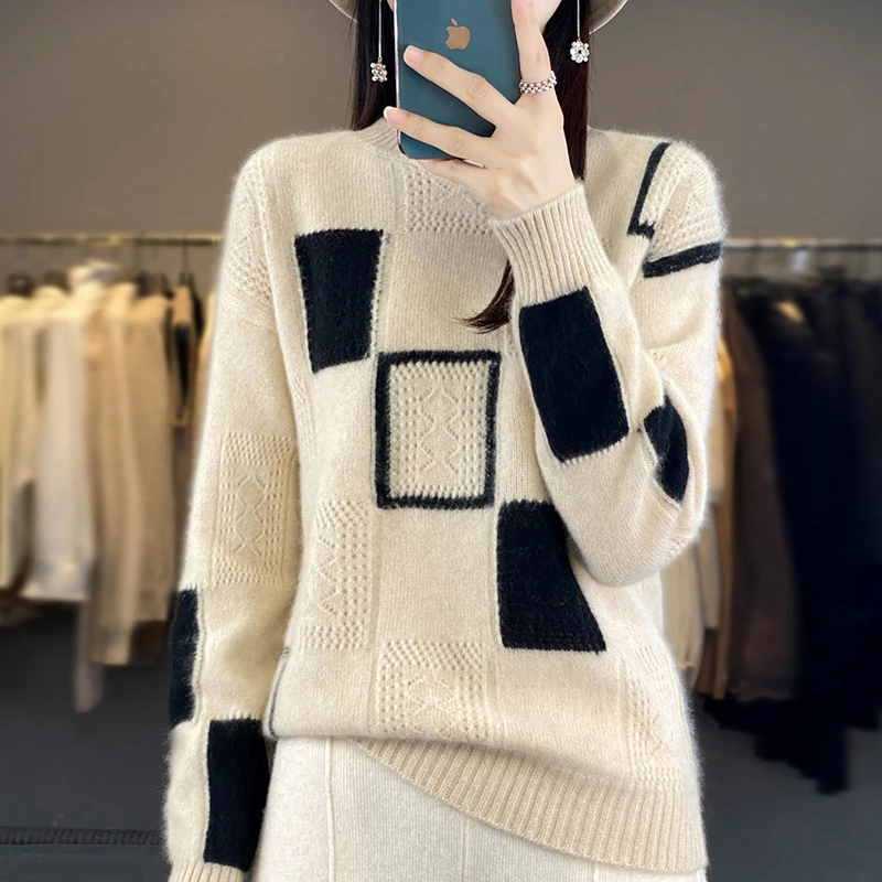 

2023 Autumn/Winter New Round Neck Woolen Sweater Women's Loose Contrast Knitted Pullover Long Sleeve Underlay Pure Wool Sweater