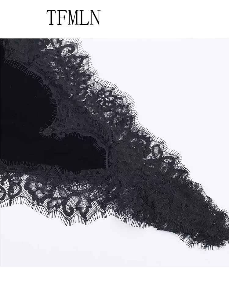 Elegant Women Velvet Patchwork Asymmetrical Dresses 2026 Spring Sexy Chic V-neck Sleeveless Lace Backless Party Strap Dress