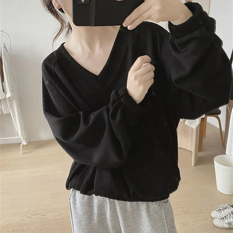 High Quality V-Neck Solid Color Loose Folds Blouse Female Clothing Autumn New Oversized Casual Pullovers All-Match Commute