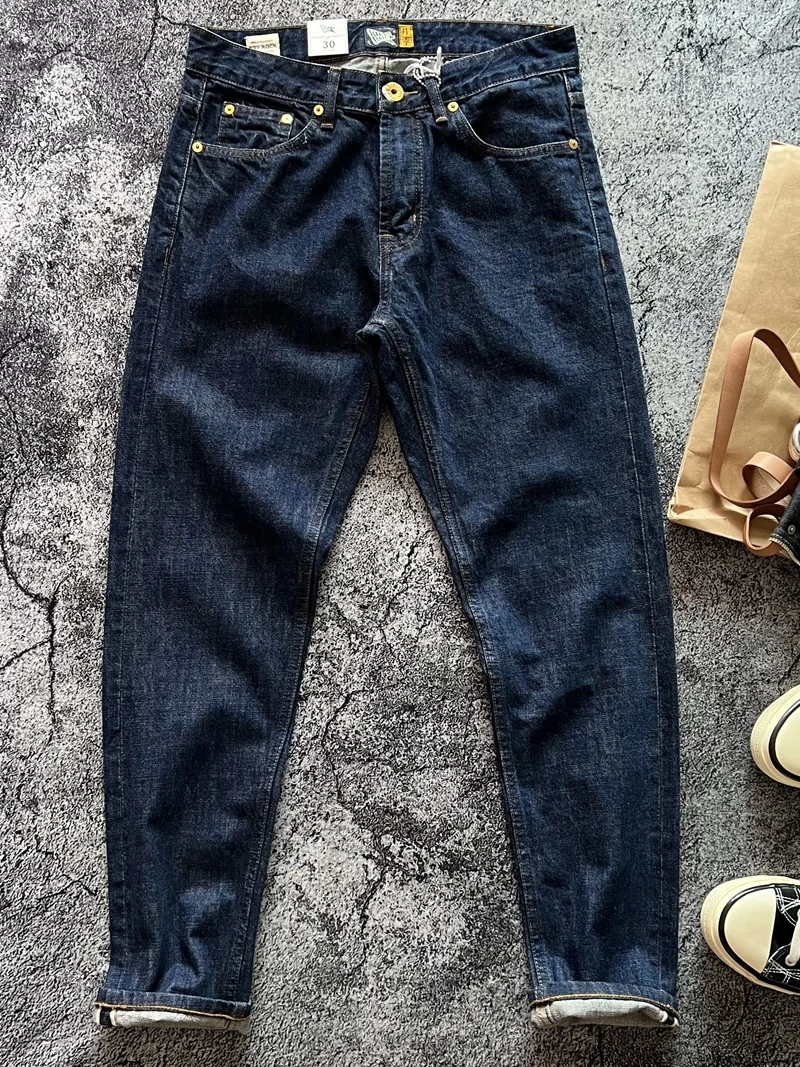 14oz High Quality 100% Cotton One Wash Raw Deep Blue Denim Jeans for Men Red Selvedge Slim Straight Pants Vintage y2k Youth Male 2