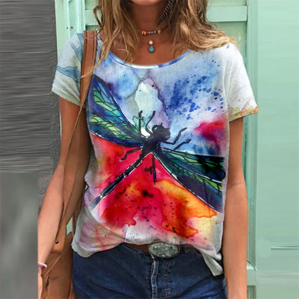 

2022 Summer Women's Animal Theme Vintage Casual T Shirt O Neck Short Sleeve Basic Tops Ladies Dragonfly 3D Print Loose T-Shirt