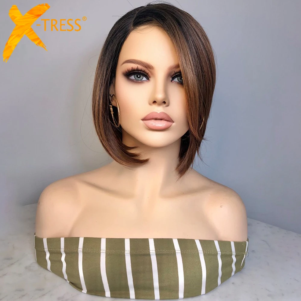 Synthetic Lace Front Wig L Part Straight Short Bob Ombre Rachel Brown Colored For Women Right Side Part
