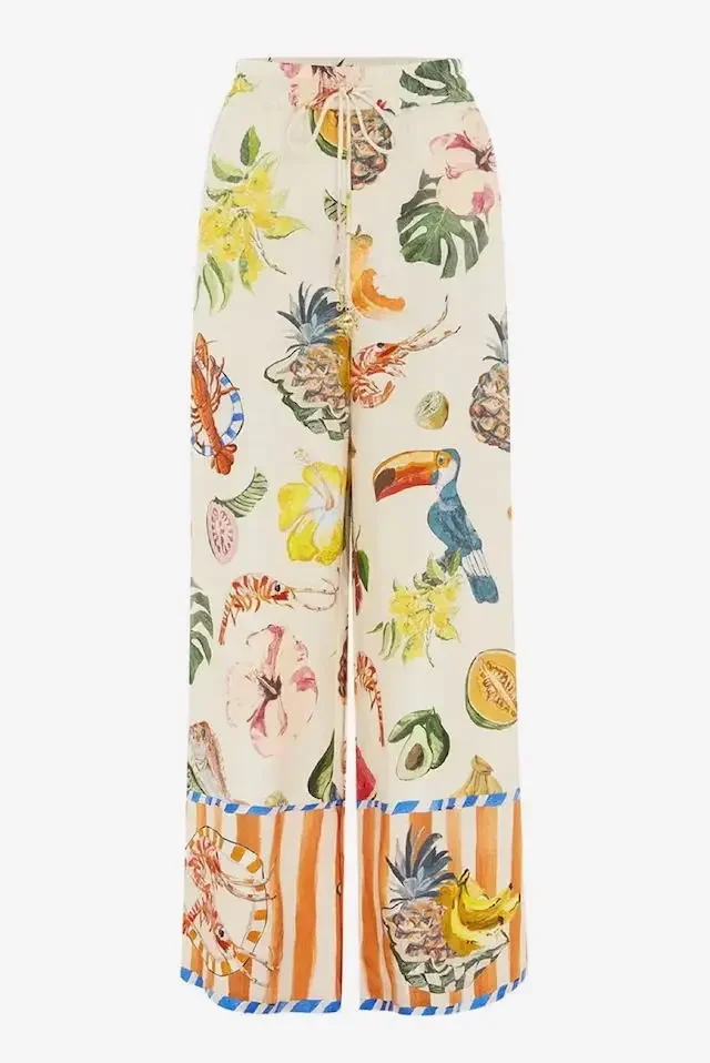 24 High Quality Fashion Casual Printing Two-piece Set Hot Selling Personalized Printed Shirt Loose Tied Waistband Wide Leg Pants