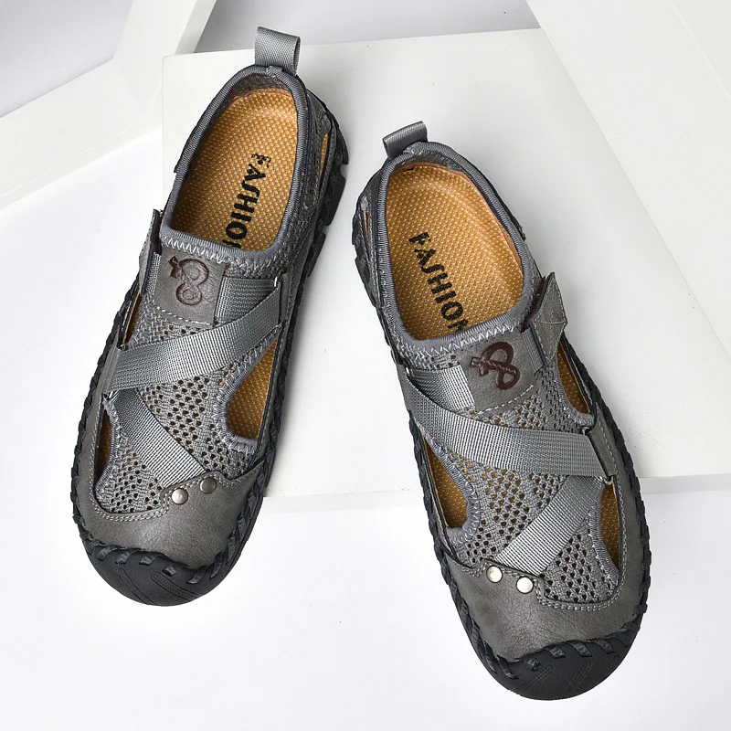 Men Sandals High Quality Casual Water Trekking Mesh Genuine Leather Non-slip Beach Breathable Summer Outdoor Hiking Shoes Soft