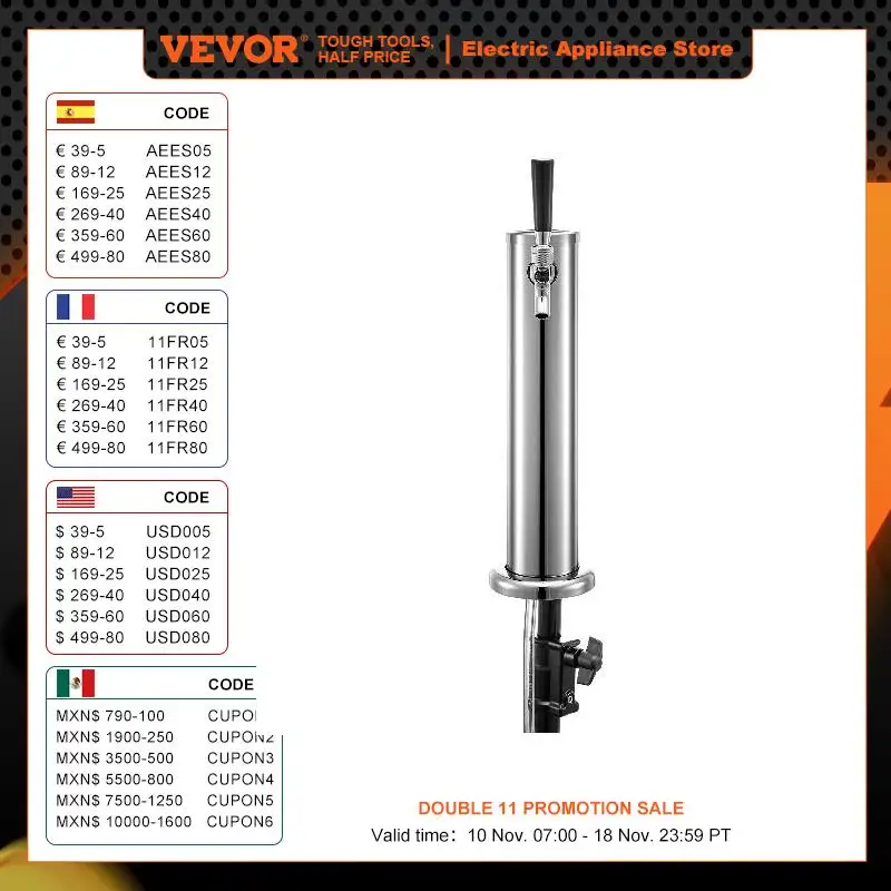 VEVOR Homebrew Draft Beer Tower One/Two Tap Stainless Steel Deluxe Kegerator Tower Kit W/ Dual Gauge Regulator Bar Accessories