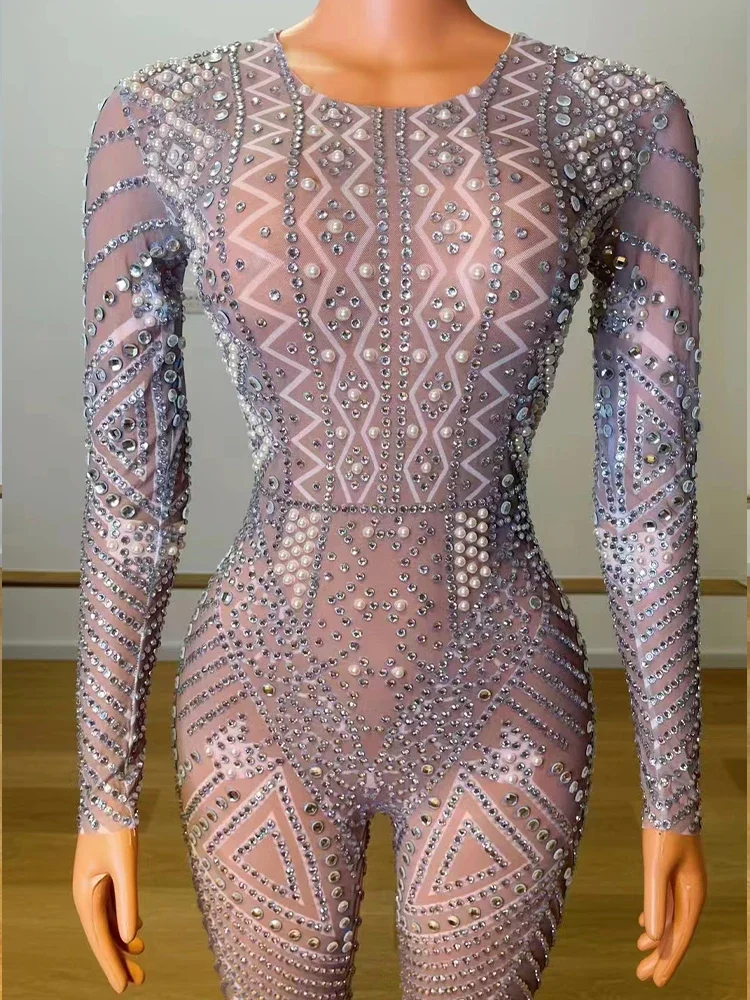 

Fashion Shining Rhinestones Showgirl Performance Costumes Nightclub Dancer Pole Dancing Stage Costumes Acrobatic Women Jumpsuit