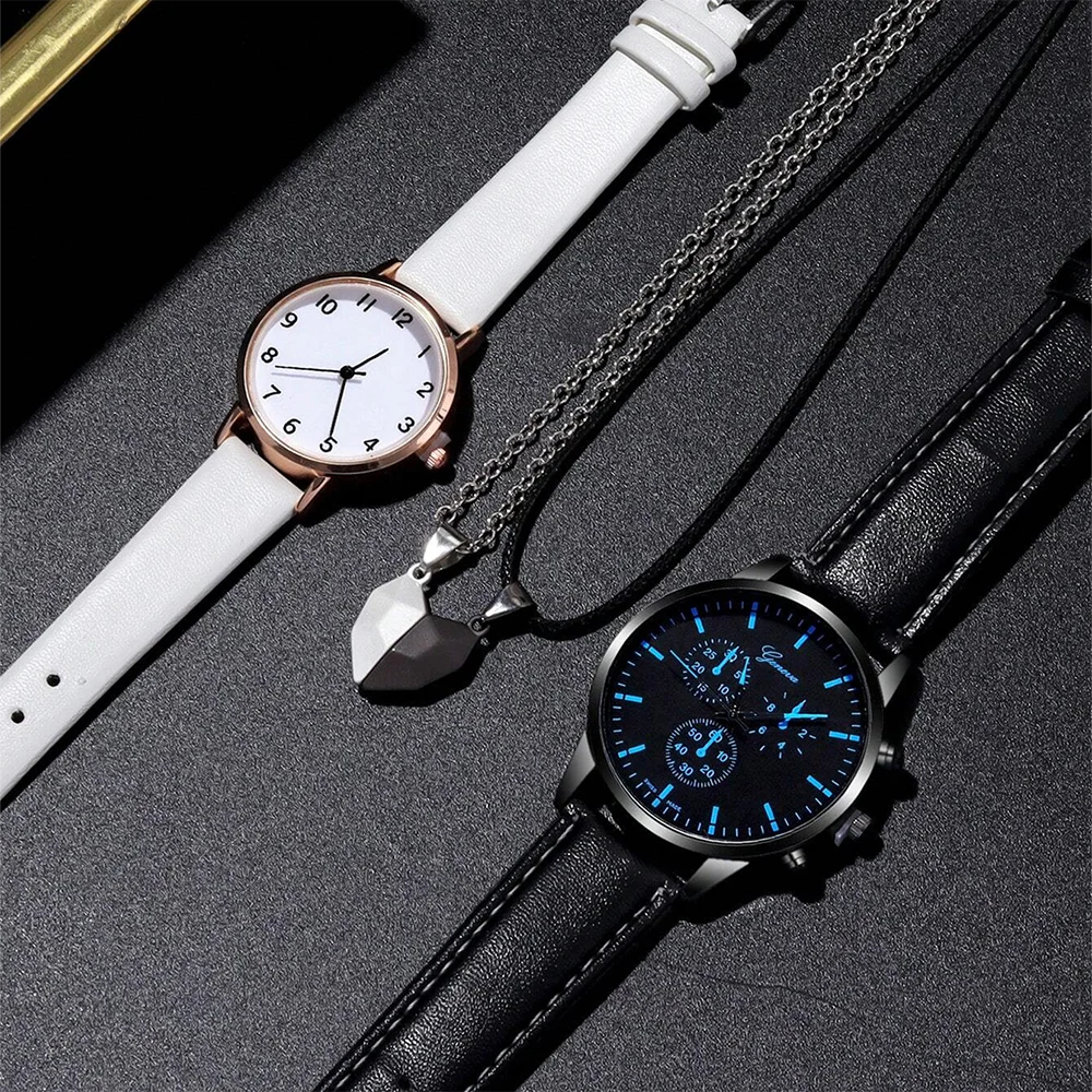 fashion couple watches 4 Piece Set For Women Men Clock Men Dial Quartz Watch Leather Strap