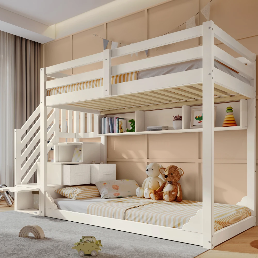 Childrens Bunk Bed with Staircase 90x200cm Wood Storage Bed Space-saving No Mattress