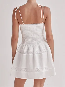 Women's Summer Slip Dress Sheer Lace Patchwork Sleeveless Tie Spaghetti Strap Backless Mini Dress 1