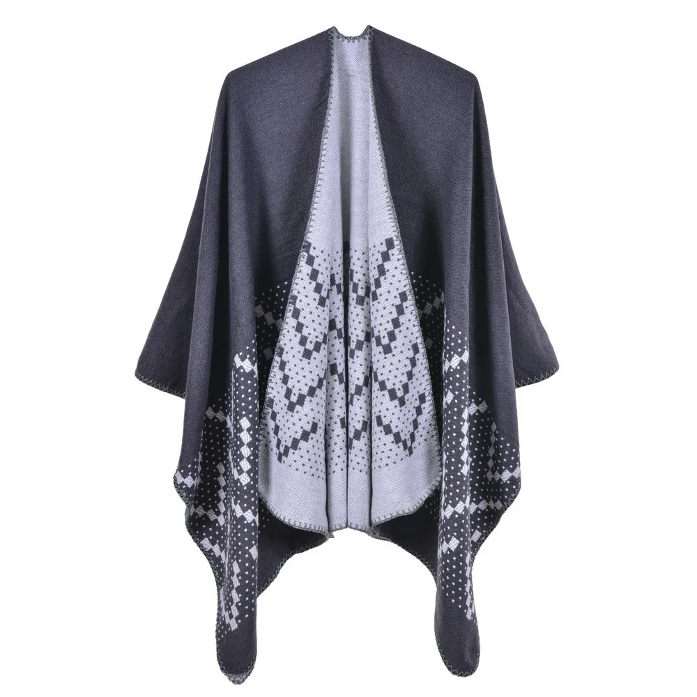 

Autumn Winter Geometric Pattern Knitted Shawl Women's cloak Warm Scarf Fashion Street Poncho Lady Capes Gray Cloaks