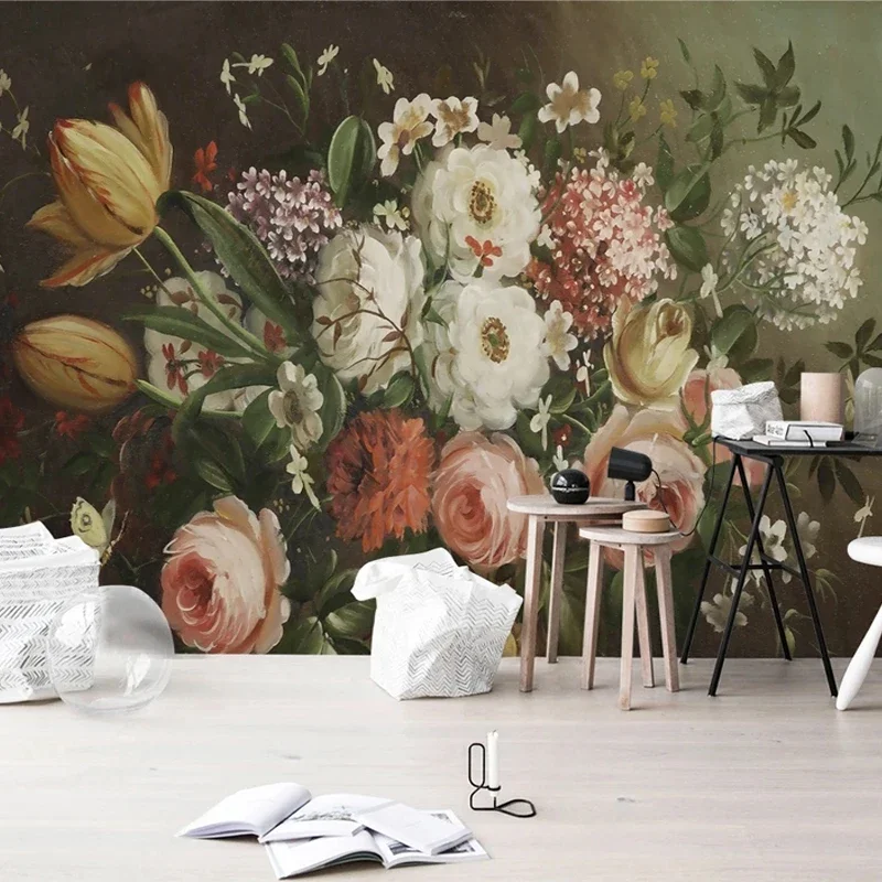 

Custom Mural Wallpaper Hand Painted European Style Retro Nostalgic 3D Flower Fresco Living Room Background Wall Papel De Parede