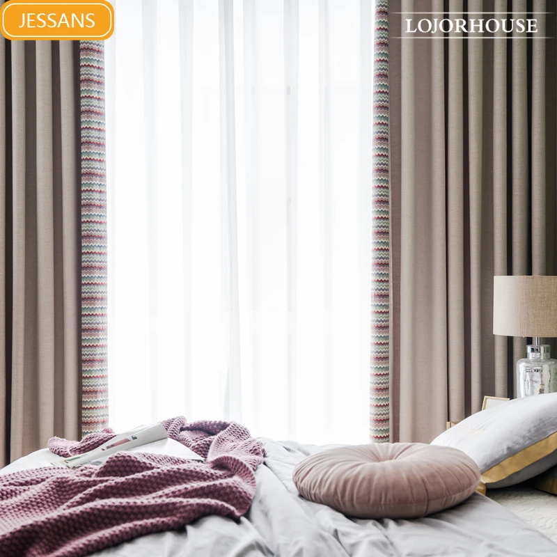 

Customized pink wave line curtains Bohemian color matching rice gray solid color finished linen thickened jacquard blackout RHJ