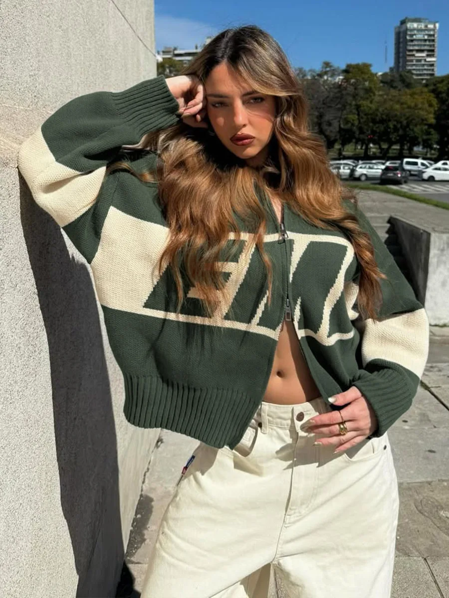 Bornladies Women's New Autumn Winter Knit Sweater Cardigan Collar Design Loose Letter Print Fit Lazy Style Jumpers