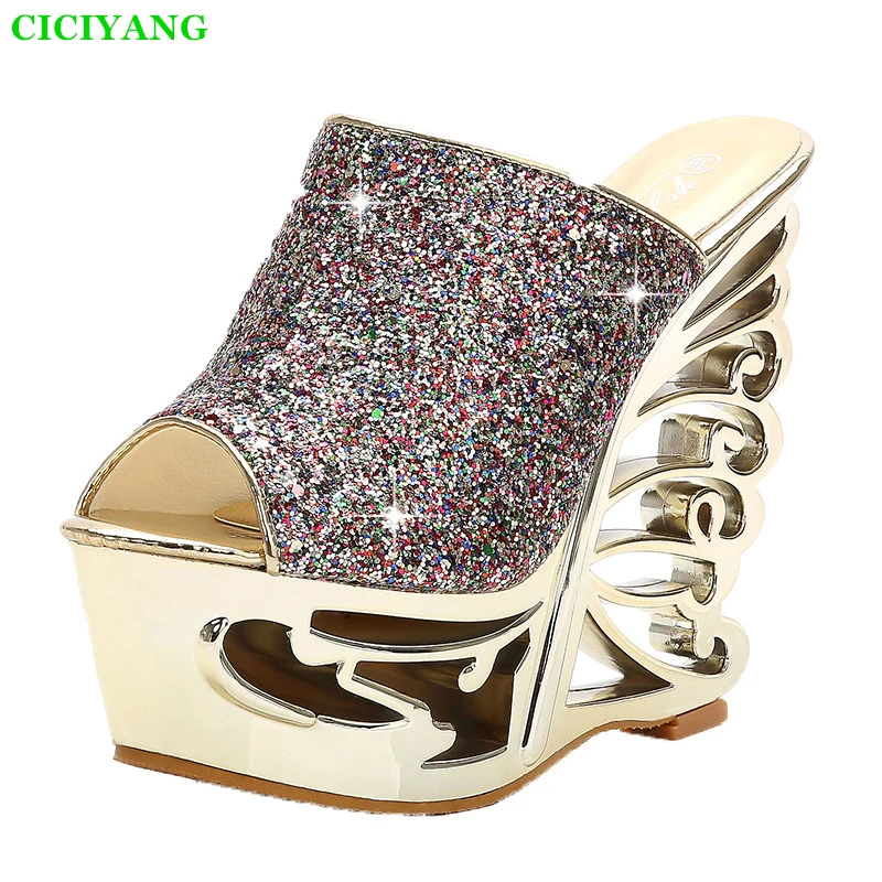 

CICIYANG Sexy 15cm Women's Super High Heels Wedge Brand Sandals Slippers 2023 Summer New Gold Silver Bridal Wedding Shoes Ladies