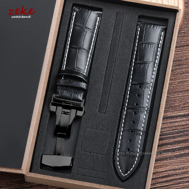 Elegant Genuine Leather Watch Band with Butterfly Clasp and Gift Box