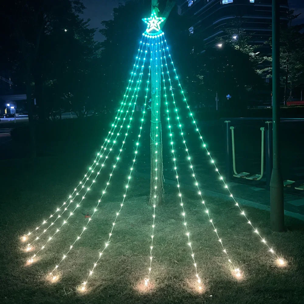 

RGB Waterfall Christmas Star Fairy String Lights 9X3M Outdoor Window Curtain Icicle Light with Topper Star for Holiday Decor